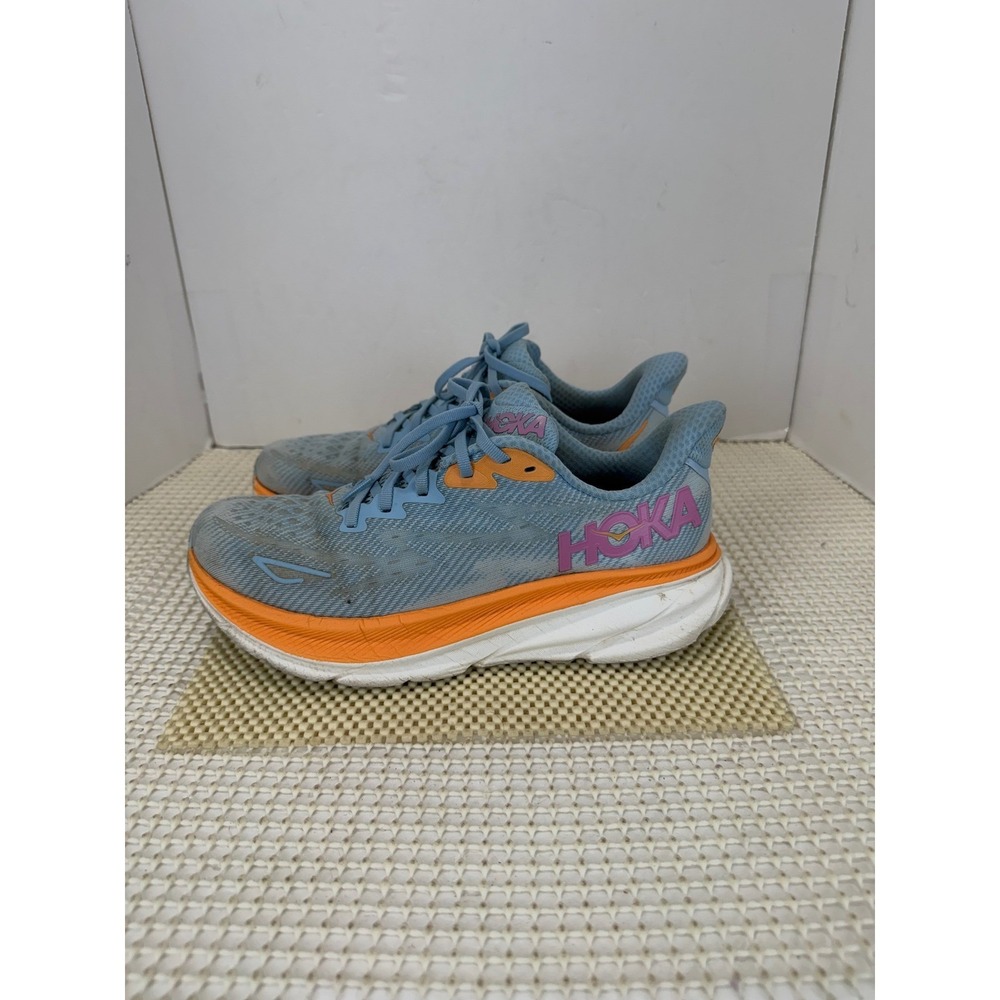 Hoka Clifton 9 Airy Womens 8.5 Blue Sunlit Ocean Orange Running Shoes Good Stain